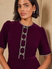 Love & Roses Burgundy Red Tailored Bow Embelished Velvet Midi Dress - Image 2 of 5