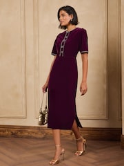 Love & Roses Burgundy Red Tailored Bow Embelished Velvet Midi Dress - Image 3 of 5