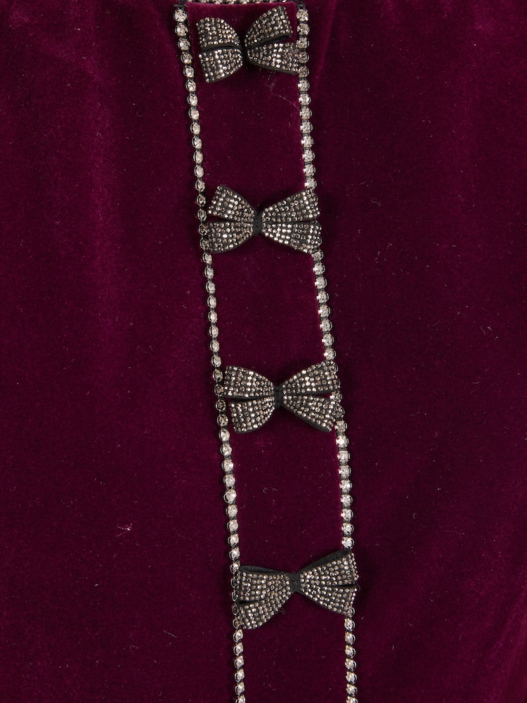 Love & Roses Burgundy Red Tailored Bow Embelished Velvet Midi Dress - Image 5 of 5