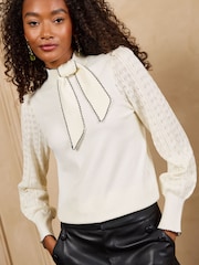 Love & Roses Ivory Tie Neck Long Sleeve Stitch Detail Knitted Top - Image 4 of 5