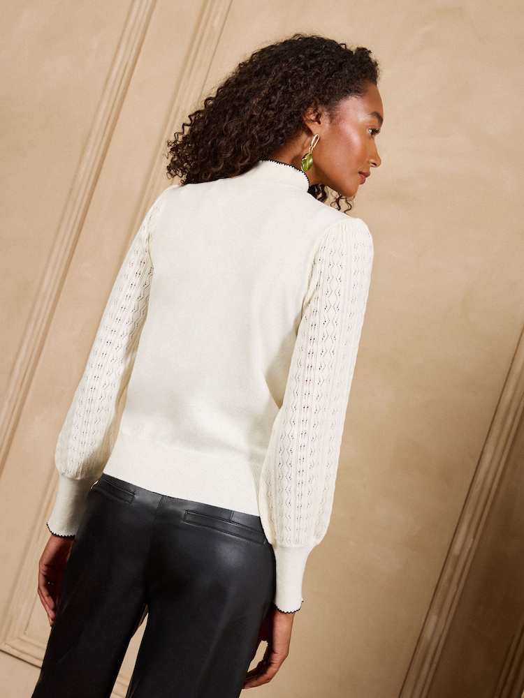 Love & Roses Ivory Tie Neck Long Sleeve Stitch Detail Knitted Top - Image 5 of 5