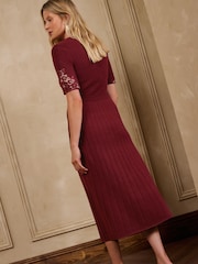 Love & Roses Burgundy Red Petite Lace Detail V-Neck Short Sleeve Knitted Midi Dress - Image 5 of 5