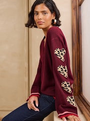 Bordowy czerwony w panterkę - Love & Roses V-Neck Knitted Cardigan - Obraz 2 z 6