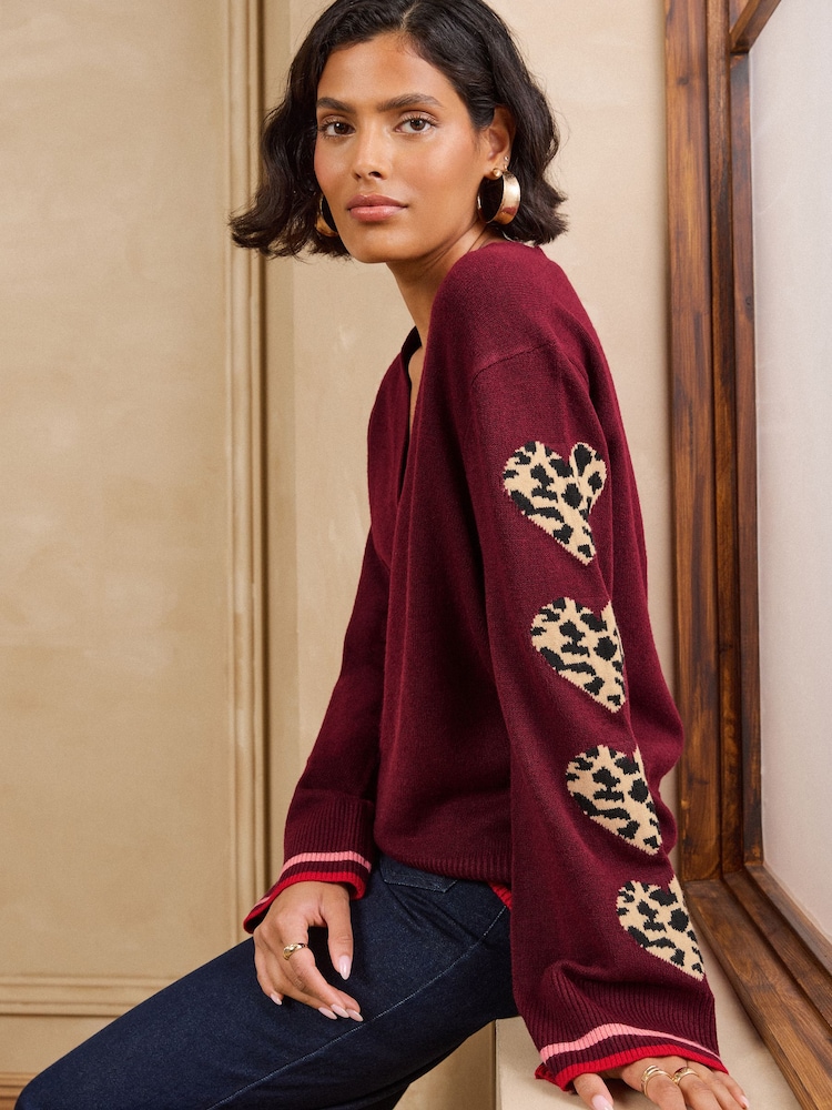 Bordowy czerwony w panterkę - Love & Roses V-Neck Knitted Cardigan - Obraz 2 z 6 Bordowy czerwony w panterkę - Love & Roses V-Neck Knitted Cardigan - Obraz 2 z 6