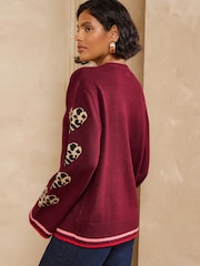 Bordowy czerwony w panterkę - Love & Roses V-Neck Knitted Cardigan - Obraz 4 z 6