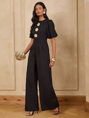 Love & Roses Black Tailored Gold Floral Button Puff Sleeve Jumpsuit - Image 3 of 5