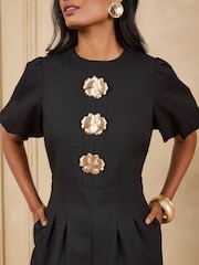 Love & Roses Black Tailored Gold Floral Button Puff Sleeve Jumpsuit - Image 4 of 5