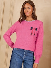 Pink Checked Bow - Love & Roses – Strickpullover mit U-Boot-Ausschnitt und Muschelsaum - Bild 1 von 5