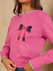 Pink Checked Bow - Love & Roses – Strickpullover mit U-Boot-Ausschnitt und Muschelsaum - Bild 2 von 5