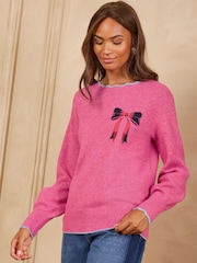 Pink Checked Bow - Love & Roses – Strickpullover mit U-Boot-Ausschnitt und Muschelsaum - Bild 5 von 5