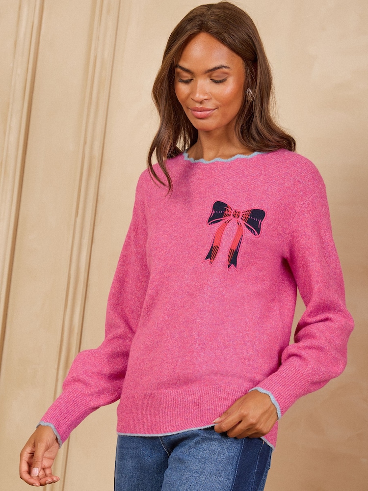 Pink Checked Bow - Love & Roses – Strickpullover mit U-Boot-Ausschnitt und Muschelsaum - Bild 5 von 5