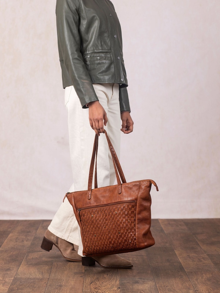 Lakeland Leather Brown Storrs Woven Tote Bag - Image 6 of 6 Lakeland Leather Brown Storrs Woven Tote Bag - Image 6 of 6