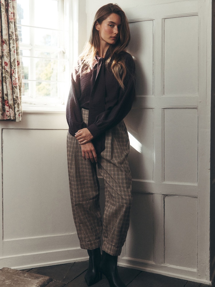 Laura Ashley Brown Check Check Barrel Leg Trousers - Image 2 of 6 Laura Ashley Brown Check Check Barrel Leg Trousers - Image 2 of 6