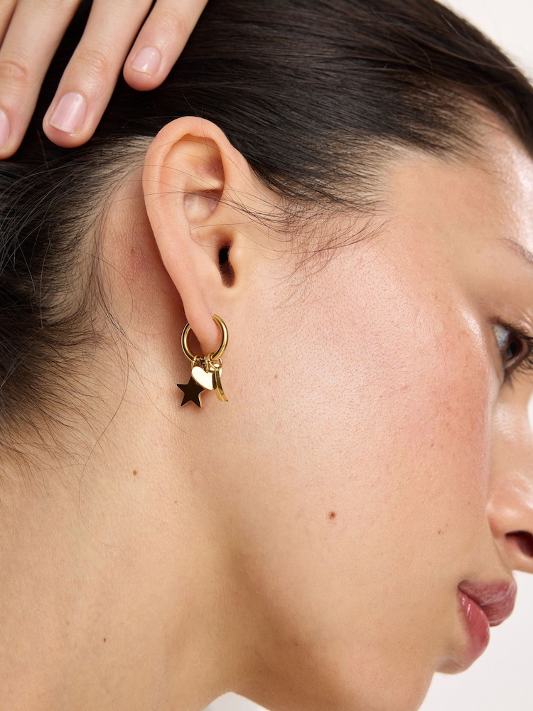 Oliver Bonas Gold Tone Nina Stainless Steel Waterproof Star, Moon & Heart Charm Hoop Earrings - Image 4 of 4