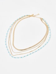 Oliver Bonas Blue & Gold Tone Bea Beaded Layered Chain Necklace - Image 1 of 4