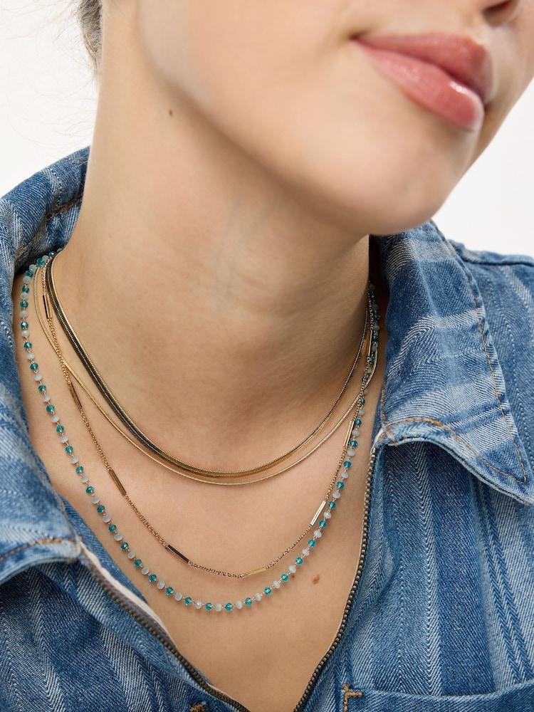 Oliver Bonas Blue & Gold Tone Bea Beaded Layered Chain Necklace - Image 4 of 4 Oliver Bonas Blue & Gold Tone Bea Beaded Layered Chain Necklace - Image 4 of 4