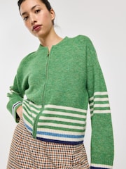 Oliver Bonas Green Cream Striped Zip Up Knitted Bomber Jacket - Image 1 of 8