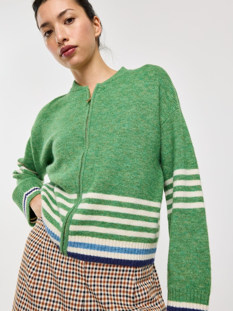 Oliver Bonas Green Cream Striped Zip Up Knitted Bomber Jacket - Image 1 of 8
