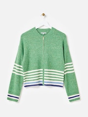 Oliver Bonas Green Cream Striped Zip Up Knitted Bomber Jacket - Image 7 of 8