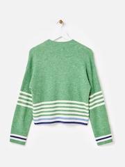 Oliver Bonas Green Cream Striped Zip Up Knitted Bomber Jacket - Image 8 of 8