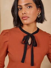 Love & Roses Orange Puff Sleeve Crew Neck Tie Detail Knitted Top - Image 2 of 5