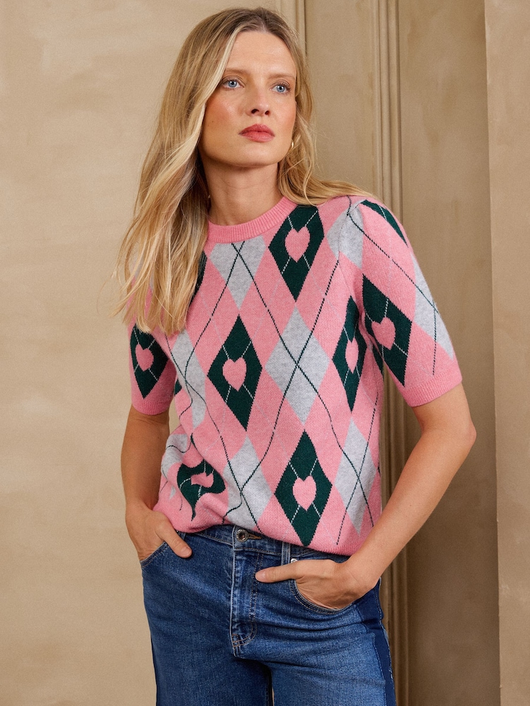 Love & Roses Pink Heart Argyle Detail Crew Neck Short Sleeve Knitted Top - Image 1 of 4