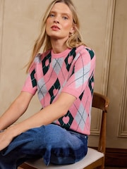 Love & Roses Pink Heart Argyle Detail Crew Neck Short Sleeve Knitted Top - Image 4 of 4