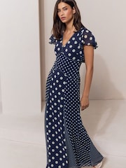 Lipsy Navy Petite V-Neck Polka Dot Flutter Sleeve Maxi Dress - Image 1 of 5