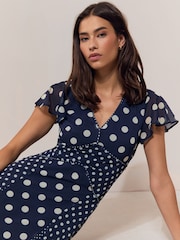 Lipsy Navy Petite V-Neck Polka Dot Flutter Sleeve Maxi Dress - Image 2 of 5