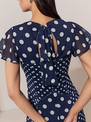 Lipsy Navy Petite V-Neck Polka Dot Flutter Sleeve Maxi Dress - Image 3 of 5