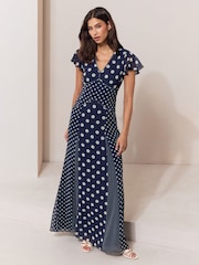 Lipsy Navy Petite V-Neck Polka Dot Flutter Sleeve Maxi Dress - Image 4 of 5
