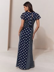 Lipsy Navy Petite V-Neck Polka Dot Flutter Sleeve Maxi Dress - Image 5 of 5