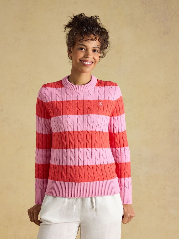 Joules Pink & Coral Red Striped Classic Crew Neck Cotton Cable Knit Jumper - Image 1 of 7