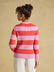 Joules Pink & Coral Red Striped Classic Crew Neck Cotton Cable Knit Jumper - Image 2 of 7