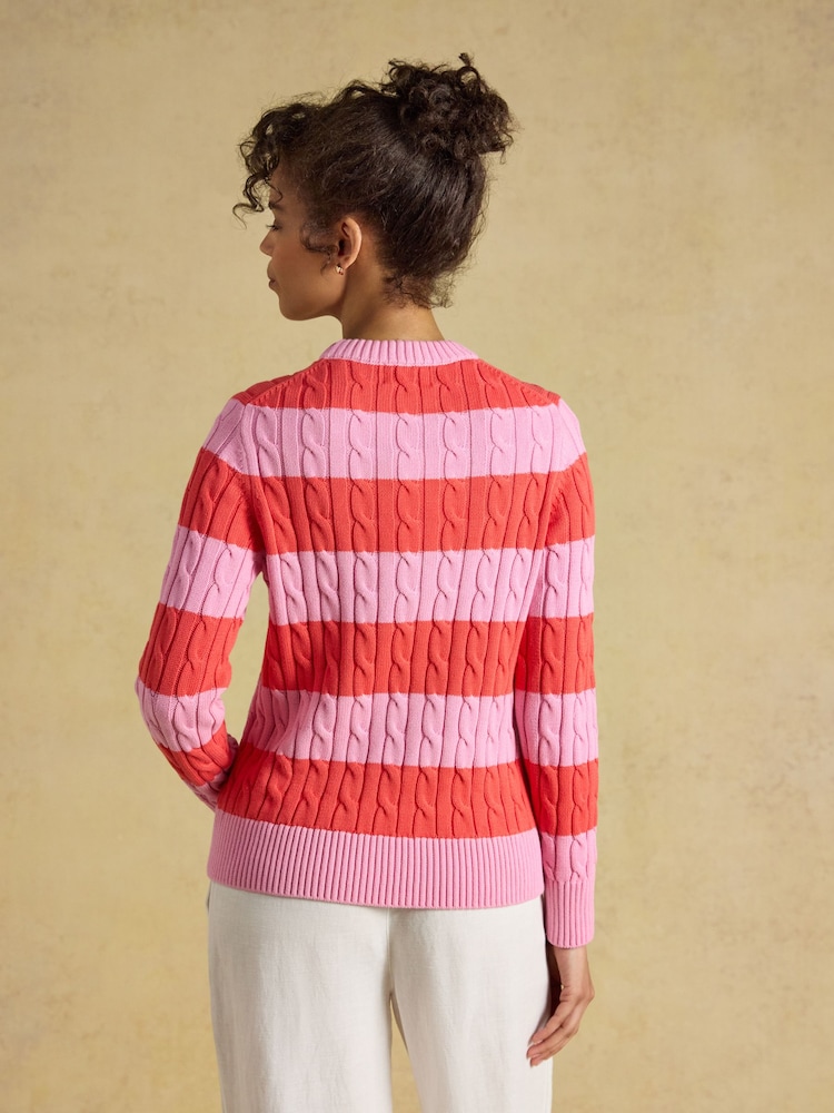 Joules Pink & Coral Red Striped Classic Crew Neck Cotton Cable Knit Jumper - Image 2 of 7