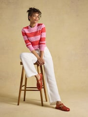 Joules Pink & Coral Red Striped Classic Crew Neck Cotton Cable Knit Jumper - Image 3 of 7
