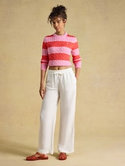 Joules Pink & Coral Red Striped Classic Crew Neck Cotton Cable Knit Jumper - Image 5 of 7
