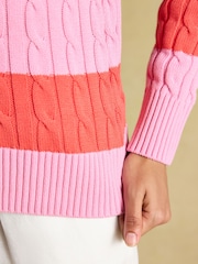 Joules Pink & Coral Red Striped Classic Crew Neck Cotton Cable Knit Jumper - Image 6 of 7
