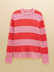 Joules Pink & Coral Red Striped Classic Crew Neck Cotton Cable Knit Jumper - Image 7 of 7