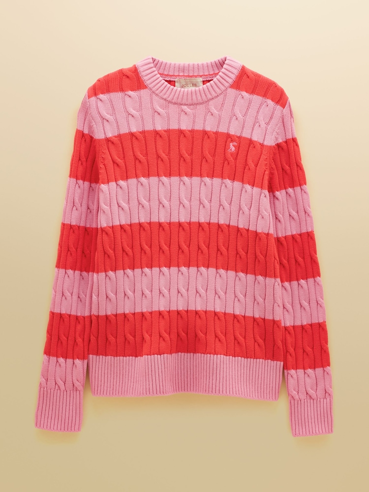 Joules Pink & Coral Red Striped Classic Crew Neck Cotton Cable Knit Jumper - Image 7 of 7