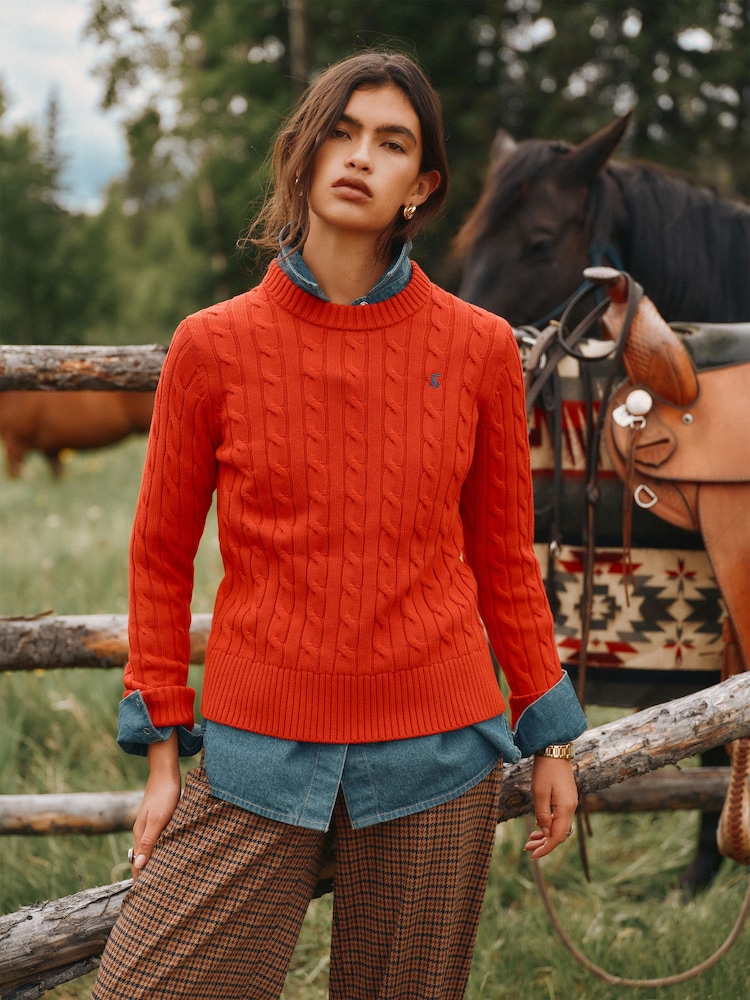 Joules Bright Red Classic Crew Neck Cotton Cable Knit Jumper - Image 1 of 9