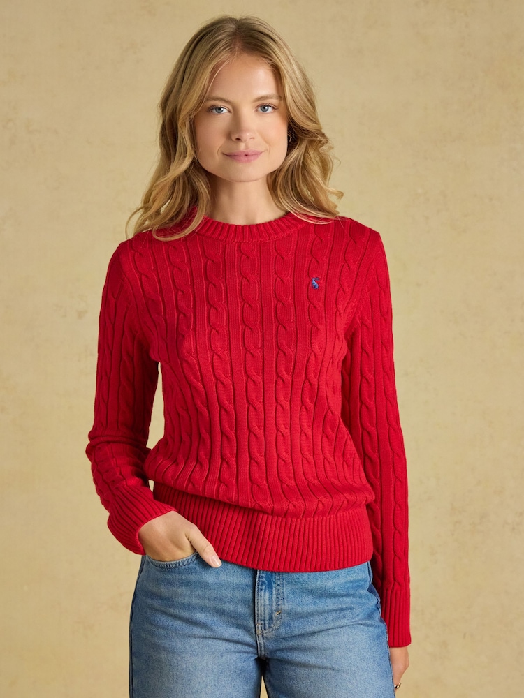 Joules Bright Red Classic Crew Neck Cotton Cable Knit Jumper - Image 2 of 9
