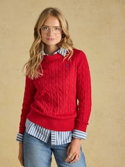 Joules Bright Red Classic Crew Neck Cotton Cable Knit Jumper - Image 8 of 9
