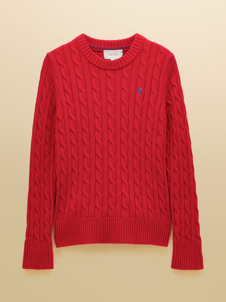 Joules Bright Red Classic Crew Neck Cotton Cable Knit Jumper - Image 9 of 9