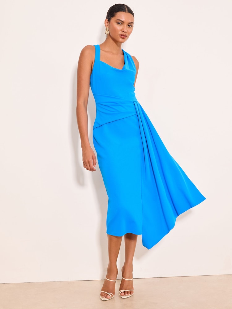 Lipsy Blue Asymmetric Cowl Neck Drape Midi Dress - Image 5 of 5