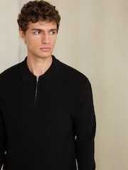 Black Smart Textured Quarter Zip Knitted Polo Shirt - Image 1 of 8
