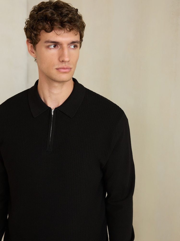 Black Smart Textured Quarter Zip Knitted Polo Shirt - Image 1 of 8 Black Smart Textured Quarter Zip Knitted Polo Shirt - Image 1 of 8