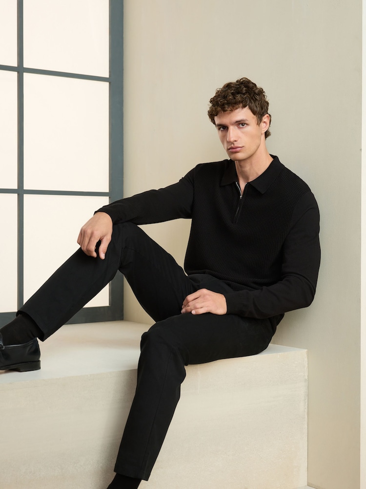 Black Smart Textured Quarter Zip Knitted Polo Shirt - Image 2 of 8 Black Smart Textured Quarter Zip Knitted Polo Shirt - Image 2 of 8