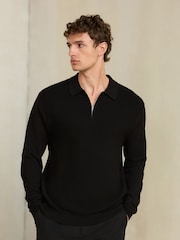 Black Smart Textured Quarter Zip Knitted Polo Shirt - Image 3 of 8