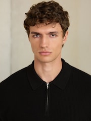 Black Smart Textured Quarter Zip Knitted Polo Shirt - Image 5 of 8